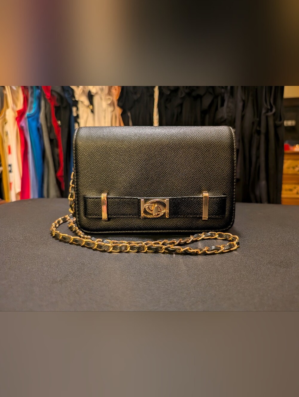 Black Leather Chain Shoulder Bag with Gold Hardware